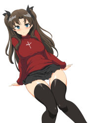  absurdres black_thighhighs blue_eyes breasts brown_hair fate/stay_night fate_(series) female hair_ribbon highres long_sleeves looking_at_viewer medium_breasts miniskirt momio panties pleated_skirt red_sweater ribbon simple_background skirt solo sweater thighhighs tohsaka_rin two_side_up underwear white_background white_panties zettai_ryouiki 