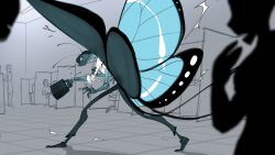  absurd_res amandamai ambiguous_gender antennae_(anatomy) anthro arthropod being_watched blue_wings bodily_fluids briefcase butterfly chair clock clothed clothing cubicle exoskeleton furniture group growth hair hi_res human insect_wings insects inside lepidopteran lepidopteran_wings limb_growth looking_at_another male mammal michael_(butterfly_business) multi_limb office office_chair office_clothing open_mouth shocked silhouette tears torn_clothing transformation video_in_description watch wing_growth wings wristwatch 