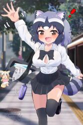  absurdres alternate_costume animal_ears bag bag_charm black_bow black_bowtie black_shoes black_skirt black_thighhighs blue_hair blush bow bowtie breasts brown_eyes character_doll charm_(object) collared_shirt common_raccoon_(kemono_friends) extra_ears female fennec_(kemono_friends) grey_hair hair_between_eyes highres kemono_friends long_sleeves multicolored_hair oerba_yun_fang open_mouth pleated_skirt raccoon_ears raccoon_girl raccoon_tail running school_bag school_uniform shirt shoes sidelocks skirt smile solo standing standing_on_one_leg t-shirt tail tenkiamesoda thighhighs translation_request waving white_hair white_shirt zettai_ryouiki 