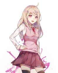  ahoge akamatsu_kaede bad_id bad_pixiv_id beamed_sixteenth_notes black_thighhighs blonde_hair breasts brown_skirt collared_shirt commentary_request cowboy_shot danganronpa_(series) danganronpa_v3:_killing_harmony eighth_note female hair_ornament hand_on_own_hip highres long_hair long_sleeves looking_at_viewer medium_breasts musical_note musical_note_hair_ornament necktie open_mouth pleated_skirt purple_eyes quarter_note red_necktie shirt simple_background skirt smile solo sweater_vest teeth thighhighs white_background white_shirt wing_collar xoaiu zettai_ryouiki 