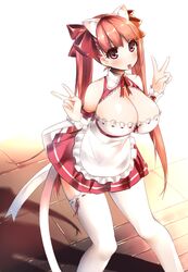  :p absurdres animal_ears bare_shoulders borrowed_character breasts brown_eyes cat_ears cleavage commentary_request female highres huatu_jiang large_breasts leg_ribbon long_hair maid original partial_commentary red_hair ribbon solo srco thigh_ribbon thighhighs tongue tongue_out very_long_hair white_thighhighs 