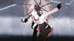  1boy 3d animated animated blonde_hair coat female fog hat lowres multicolored_hair multicoloured_hair neo_(rwby) roman_torchwick rwby smile umbrella 