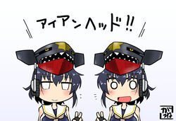  2girls :d ^^^ alternate_eye_color alternate_headwear artist_name asymmetrical_hair bare_shoulders black_gloves black_hair blue_one-piece_swimsuit blush breast_cutout chibi closed_mouth commentary_request cosplay fingerless_gloves flying_sweatdrops garchomp garchomp_(cosplay) gloves gradient_background grey_neckerchief hair_between_eyes hat headphones i-13_(kancolle) i-14_(kancolle) kantai_collection kogane_(tranzaku) look-alike looking_at_viewer multiple_girls neckerchief one-piece_swimsuit open_mouth pokemon pokemon_dppt pun sailor_collar sailor_shirt school_swimsuit sharp_teeth shirt short_hair simple_background sleeveless sleeveless_shirt smile swimsuit teeth tongue translated upper_body v white_background white_eyes white_sailor_collar white_shirt 