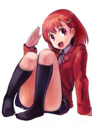  black_skirt black_socks commentary_request female kushieda_minori looking_at_viewer oohashi_high_school_uniform open_mouth pleated_skirt red_eyes red_hair salute school_uniform simple_background sitting ska skirt socks solo toradora! white_background 