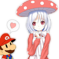  1boy apron bow commentary_request facial_hair female hat heart mario mario_(series) moustache mushroom_girl paper_mario personification photoshop_(medium) red_eyes setona_(daice) short_hair speech_bubble sweatdrop white_hair 