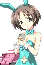  :o animal_ears aoi_masami aqua_leotard bow bowtie breasts brown_eyes brown_hair cleavage clothing_cutout commentary_request cross cross_cutout cup detached_collar female girls_und_panzer leotard looking_at_viewer m3_lee maruyama_saki medium_tank military military_vehicle motor_vehicle mug navel navel_cutout open_mouth photoshop_(medium) playboy_bunny rabbit_ears short_hair simple_background strapless strapless_leotard tank upper_body white_background wrist_cuffs 