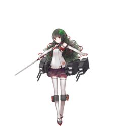  black_hair black_skirt blunt_bangs closed_mouth detached_sleeves female flower full_body gradient_hair green_hair hair_flower hair_ornament hair_ribbon holding holding_sword holding_weapon hull_shoes kako_(warship_girls_r) lace lace-trimmed_legwear lace-trimmed_sleeves lace_trim long_hair looking_at_viewer messy_hair multicolored_hair official_art outstretched_arms pleated_skirt red_eyes red_ribbon ribbon rigging sandals shi-chen sidelocks skirt sleeves_past_wrists solo spaghetti_strap standing sword tabi thighhighs torpedo_tubes transparent_background turret very_long_hair wakizashi warship_girls_r wavy_hair weapon white_thighhighs zettai_ryouiki 