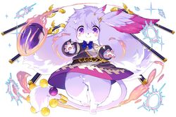  blush bullet digitigrade female freikugel_(fullbokko_heroes) full_body fullbokko_heroes furry furry_female gun kishibe long_sleeves looking_at_viewer no_pants official_art outstretched_arms pawpads purple_eyes simple_background smile solo tail weapon white_background wing_hair_ornament 