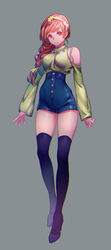  aneunyeoja arms_at_sides bad_id bad_pixiv_id bare_shoulders black_footwear black_shorts black_thighhighs boots braid breasts buttons clothing_cutout female flower full_body green_shirt grey_background hair_flower hair_ornament hair_over_shoulder hairband high_heel_boots high_heels highres long_hair long_sleeves medium_breasts narrow_waist original parted_lips photoshop_(medium) red_eyes red_hair ribbed_shirt shirt shorts shoulder_cutout simple_background single_braid sleeves_past_wrists smile solo swept_bangs thigh_strap thighhighs turtleneck yellow_hairband 