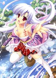  :d absurdres blush breasts cherry_blossoms cleavage copyright_request day female grey_hair heart highres japanese_clothes katana kimono large_breasts leg_up legs looking_at_viewer misakura_nankotsu open_mouth outdoors pond red_eyes rock smile solo splashing standing sword tareme thighhighs water weapon white_thighhighs 