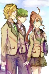  2boys active_raid aqua_eyes blonde_hair blush breasts brown_hair female green_hair hachijou_tomoki long_hair multiple_boys mythos_(active_raid) necktie open_mouth pants ponytail purple_eyes school_uniform short_hair skirt smile yamabuki_hinata 