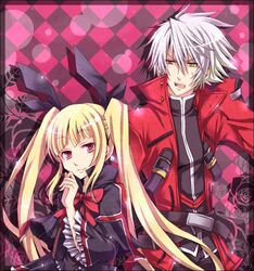  1boy bad_id bad_pixiv_id blazblue blonde_hair bow checkered_background dress female flower gloves gothic_lolita green_eyes hair_ribbon heterochromia hinano jacket lolita_fashion long_hair open_mouth rachel_alucard ragna_the_bloodedge red_background red_bow red_eyes ribbon rose smile sweatdrop twintails white_hair 