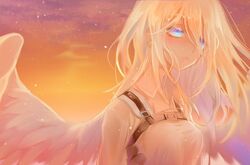  angel_wings backlighting bad_id bad_pixiv_id blonde_hair blue_eyes commentary_request feathered_wings female floating_hair hair_over_one_eye krista_lenz parted_lips saharan shingeki_no_kyojin short_hair solo sunset wings 