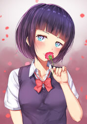  blue_eyes blunt_bangs blurry blurry_background blush bob_cut bow bowtie commentary depth_of_field female fingernails flower hachinatsu head_tilt highres holding holding_flower kuzu_no_honkai looking_at_viewer petals red_bow red_bowtie school_uniform short_hair short_sleeves smelling solo sweater_vest upper_body wing_collar yasuraoka_hanabi 