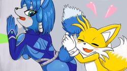  16:9 age_difference anthro ass blue_body blue_fur blue_hair blush bodysuit canid canine closed_eyes clothing crossover duo female fox fur gloves hair handwear happy heart_symbol hug jewelry krystal_(star_fox) larger_female looking_back male mammal miiverse nintendo older_female open_mouth sega short_hair simple_background size_difference skinsuit smaller_male sonic_the_hedgehog_(series) star_fox tails taka0409 tight_clothing white_body white_fur widescreen yellow_body yellow_fur young young_anthro younger_male 