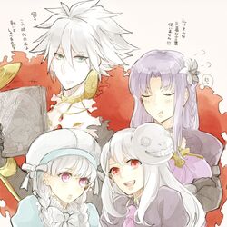  1boy alice_(fate) banira_(ri0115ka) blue_eyes blue_hair blush braid closed_eyes commentary_request emil_(nier) fate/apocrypha fate/extra fate/grand_order fate/stay_night fate_(series) fur_collar green_eyes grimoire_weiss hat illyasviel_von_einzbern kadowaki_mai kaine_(nier) karna_(fate) long_hair mask medea_(fate) nier nier_(series) nonaka_ai pale_skin pointy_ears scar smile tanaka_atsuko translation_request twin_braids voice_actor_connection white_hair yonah yusa_kouji 