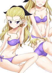  ass assam_(girls_und_panzer) bad_id bad_twitter_id bikini black_ribbon blonde_hair blue_eyes blurry breasts closed_mouth commentary_request crotch_seam female gin&#039;you_haru girls_und_panzer hair_pulled_back hair_ribbon head_out_of_frame highres inactive_account long_hair looking_at_viewer medium_breasts multiple_views navel open_mouth purple_bikini ribbon side-tie_bikini_bottom sitting smile swimsuit 