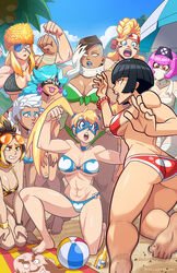  6+girls abs ass bandages beach biceps bikini breasts cleavage commentary_request dark-skinned_female dark_skin day domino_mask eyepatch flexing fuka_(street_fighter) half_mask harmageddon_yoko looking_at_viewer maple_storm mask mike_luckas multicolored_hair multiple_girls muscular muscular_female neck_brace outdoors pepe_ishiwata photoshop_(medium) pose raika_(street_fighter) street_fighter street_fighter_v street_fighter_zero_(series) sunrise_nishisenba swimsuit toned two-tone_hair vivian_nishiki yamato_nadeshiko_(street_fighter) zangief 