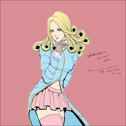  blonde_hair blue_eyes commentary_request curly_hair female funny_valentine genderswap_(mtf) jojo_no_kimyou_na_bouken long_hair rule_63 shiemasu solo steel_ball_run thighhighs zettai_ryouiki 