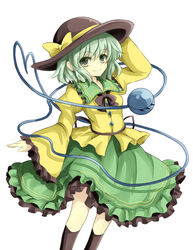  black_socks blush commentary_request eyeball female green_eyes green_hair hat hat_ribbon heart heart_of_string komeiji_koishi long_sleeves ribbon short_hair skirt smile socks solo third_eye tm-pika touhou wide_sleeves 