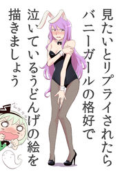  2girls animal_ears blush bow bowtie breasts cleavage commentary_request detached_collar fishnet_pantyhose fishnets grey_hair hairband high_heels hitodama konpaku_youmu konpaku_youmu_(ghost) leotard long_hair medium_breasts multiple_girls open_mouth pantyhose playboy_bunny purple_hair rabbit_ears rabbit_girl rabbit_tail reisen_udongein_inaba ribbon shoes short_hair skirt tail touhou translation_request wrist_cuffs yellow_eyes yoekosukii 