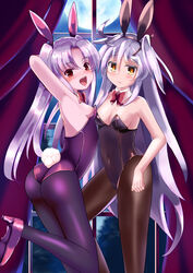  2girls :d animal_ears armpits ass black_legwear blush bow bowtie breasts brown_eyes brown_legwear commentary_request covered_navel detached_collar eden_(sennen_sensou_aigis) fake_animal_ears fran_(sennen_sensou_aigis) full_moon hand_up highres indoors kan_ten long_hair moon multiple_girls night night_sky open_mouth pantyhose photoshop_(medium) playboy_bunny purple_hair rabbit_ears red_bow sennen_sensou_aigis sky small_breasts smile standing standing_on_one_leg very_long_hair white_hair window 