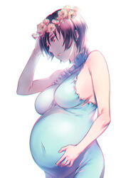  aneunyeoja bare_shoulders big_belly breasts brown_hair chromatic_aberration commentary covered_navel dress female flower flower_wreath frills green_dress hand_on_own_stomach hand_to_head hand_up head_wreath large_breasts no_bra original parted_lips pregnant red_eyes ribbed_dress short_hair sideboob simple_background skin_tight sleeveless sleeveless_dress smile solo turtleneck upper_body white_background 