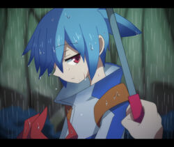  1boy blue_hair commentary_request expressionless jacket komeichou-69 letterboxed male_focus puyopuyo puyopuyo_fever rain red_eyes sig_(puyopuyo) solo_focus wet 