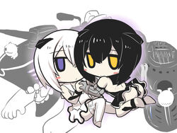  2girls abyssal_ship abyssal_twin_princess_(black) abyssal_twin_princess_(white) backless_dress backless_outfit black_hair blush_stickers chibi commentary_request dress elbow_gloves gloves goma_(gomasamune) hair_between_eyes hair_ornament highres holding_hands kantai_collection kneeling looking_at_viewer multiple_girls purple_eyes rigging short_hair sitting sleeveless sleeveless_dress teeth thighhighs white_background white_hair yellow_eyes 