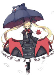  alternate_eye_color animal-themed_umbrella bat_(animal) blazblue blonde_hair blush bow commentary_request dress feline female frills gii gothic_lolita hair_ribbon holding holding_umbrella lolita_fashion long_hair morikawa_(futomayu) nago rachel_alucard red_bow ribbon simple_background twintails umbrella white_background yellow_eyes 