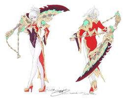  breasts chinese_clothes cleavage female high_heels league_of_legends loiza makeup riven_(league_of_legends) sword white_hair 