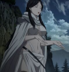  arslan_senki black_hair breasts falangies female large_breasts lipstick long_hair midriff navel screencap solo underboob 