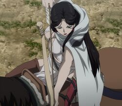  arslan_senki black_hair breasts falangies female green_eyes large_breasts lipstick long_hair screencap solo underboob 