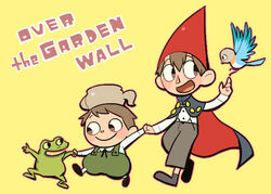  2boys :d animal beatrice_(over_the_garden_wall) bird black_eyes blush blush_stickers brothers cape commentary_request copyright_name female frog gregory_(over_the_garden_wall) happy hat long_sleeves looking_at_another multiple_boys open_mouth over_the_garden_wall overalls pants short_hair siblings simple_background smile teapot tsunoji wirt_(over_the_garden_wall) yellow_background 