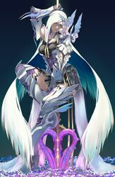  armor breasts brynhildr_(fate) commentary_request duplicate fate/grand_order fate/prototype fate/prototype:_fragments_of_blue_and_silver fate_(series) female highres jikeshi long_hair looking_at_viewer polearm purple_eyes purple_hair solo spear thighhighs very_long_hair weapon white_hair 