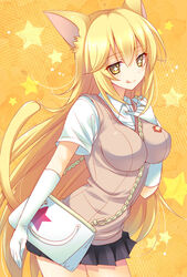  :q animal_ears bag between_breasts blonde_hair breasts cat_ears cat_tail chains commentary_request cowboy_shot elbow_gloves female gloves handbag impossible_clothes large_breasts leaning_forward long_hair mitsuki_tsumi pleated_skirt school_uniform shokuhou_misaki short_sleeves skirt solo sparkling_eyes standing star_(symbol) strap_between_breasts summer_uniform sweater_vest symbol-shaped_pupils tail toaru_kagaku_no_railgun toaru_majutsu_no_index tokiwadai_school_uniform tongue tongue_out v-neck very_long_hair white_gloves yellow_background yellow_eyes yellow_theme 