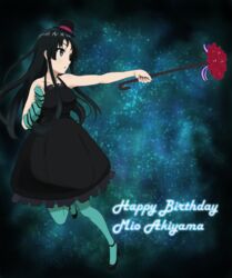  akiyama_mio black_eyes black_hair cane character_name commentary_request don&#039;t_say_&quot;lazy&quot; dress female gloves happy_birthday hat highres k-on! long_hair mini_hat mini_top_hat pantyhose shizupu single_glove top_hat 