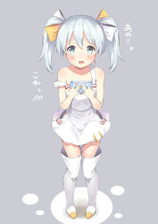  absurdres bare_shoulders blush boots chitetan commentary_request dress female full_body gift grey_background grey_eyes hair_between_eyes hair_ribbon hands_up highres holding holding_gift looking_at_viewer open_mouth ribbon selector_wixoss short_dress silver_hair simple_background solo standing strap_slip tama_(wixoss) teeth thigh_boots thighhighs twintails valentine white_dress white_footwear white_ribbon white_thighhighs wixoss yellow_ribbon 