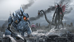  arm_blade arm_support armor building city cityscape cloud commentary creature crimson_typhoon crossover cyborg damaged english_commentary extra_arms gigan godzilla_(series) grey_sky horns jaeger_(pacific_rim) kaijuu kneeling ldn-rdnt mecha mechanical_arms military military_vehicle monster no_humans outdoors pacific_rim photoshop_(medium) red_eyes robot ruins science_fiction sky skyline smoke sparks spikes standing striker_eureka tail weapon 