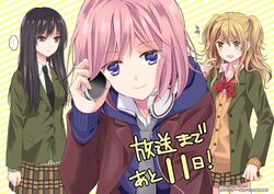  ... 3girls aihara_academy_school_uniform aihara_mei aihara_yuzu artist_name black_hair blonde_hair blush citrus_(saburouta) commentary_request countdown headphones kodama_naoko long_hair mizusawa_matsuri multiple_girls pink_hair school_uniform short_hair smile 