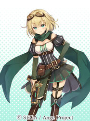  ange_vierge aqua_eyes belt_pouch blonde_hair blush boots breasts brown_footwear cleavage copyright_name garter_straps goggles goggles_on_head green_scarf gun hand_on_hip holding holding_gun holding_weapon knee_boots looking_at_viewer official_art pleated_skirt pouch puffy_sleeves scarf shamonor simple_background skirt smile thighhighs weapon 