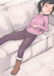  bad_id bad_pixiv_id black_hair boots brown_footwear cameltoe closed_eyes female fur_boots j7w lying on_back open_mouth original purple_legwear short_hair sleeping solo sweater variant_set 