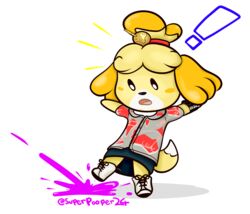  alpha_channel animal_crossing anthro blush canid canine canis clothed clothing domestic_dog dress exclamation_point female front_view fully_clothed fur hair hi_res isabelle_(animal_crossing) mammal nintendo shih_tzu solo splatoon supersoupnova toy_dog 