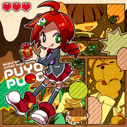  2boys 73_(naa) :q ahoge andou_ringo apple bear black_legwear blazer character_hair_ornament commentary copyright_name dress drill_hair ecolo_(puyopuyo) female food fruit gift green_eyes hair_ornament hairclip jacket multiple_boys name_connection object_namesake puyopuyo puyopuyo_7 red_apple red_dress red_hair risukuma_(puyopuyo) sasaki_maguro school_uniform shoes short_hair skirt smile symbol-only_commentary thighhighs tongue tongue_out unusual_ecolo zettai_ryouiki 