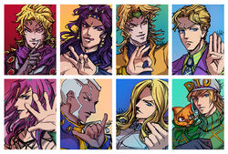  6+boys battle_tendency blonde_hair blue_eyes border buzz_cut closed_mouth commentary_request dark-skinned_male dark_skin diamond_wa_kudakenai diavolo diego_brando dio_brando enrico_pucci fingerless_gloves formal funny_valentine gloves green_background green_shirt grey_eyes grey_hair hideki jacket jojo_no_kimyou_na_bouken kars_(jojo) kira_yoshikage lips long_hair male_focus multiple_boys necktie orange_background phantom_blood photoshop_(medium) pink_background pink_eyes pink_hair pink_lips polo_shirt priest purple_gloves purple_jacket purple_necktie purple_scarf red_background red_eyes scarf shirt short_hair smile stardust_crusaders steel_ball_run stone_ocean stray_cat_(jojo) tongue tongue_out vampire vento_aureo very_short_hair wavy_hair white_border white_headwear yellow_jacket 