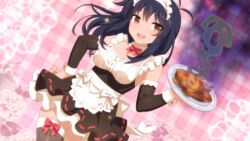  black_hair breasts brown_eyes cleavage food game_cg long_hair skirt thighhighs wanaca white winged_cloud 