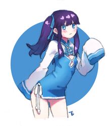  absurdres blue_eyes blush china_dress chinese_clothes commentary_request cowboy_shot dicorndl dress female highres long_sleeves looking_at_viewer original purple_hair simple_background sleeves_past_wrists solo white_background 