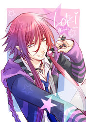  1boy artist_name blue_eyes braid character_name commentary_request facial_mark food hood hoodie jewelry kamigami_no_asobi loki_laevatein long_hair male_focus nail_polish necklace necktie photoshop_(medium) pointy_ears popsicle red_hair satsuki_yuu_(awairo) solo sparkle star_(symbol) teeth upper_body 