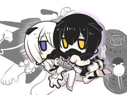  2girls abyssal_ship abyssal_twin_princess_(black) abyssal_twin_princess_(white) backless_dress backless_outfit black_hair chibi commentary dress elbow_gloves gloves goma_(gomasamune) hair_between_eyes hair_ornament highres holding_hands kantai_collection kneeling looking_at_viewer multiple_girls oxygen_mask purple_eyes rigging short_hair sitting sleeveless sleeveless_dress teeth thighhighs white_background white_hair yellow_eyes 