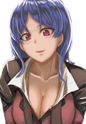  active_raid blue_hair blush breasts cleavage coat female hoshimiya_haruka long_hair open_mouth purple_eyes suit 